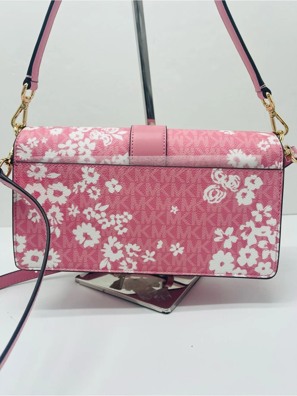 MICHAEL KORS Greenwich Md Printed MK Logo Convertible Shoulder Carnation  NWT